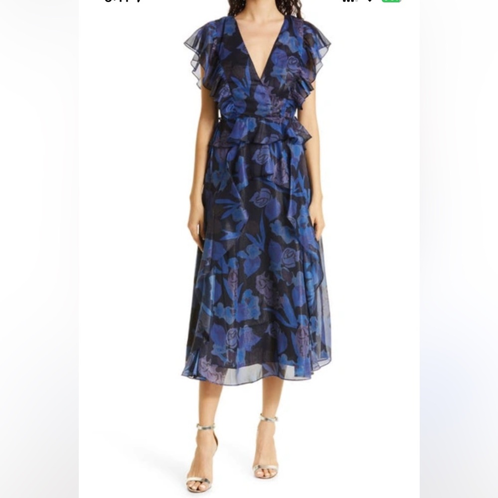 Ted Baker London Vertey Printed Ruffled Midi Dress 1/4 Party Holiday Occasion
